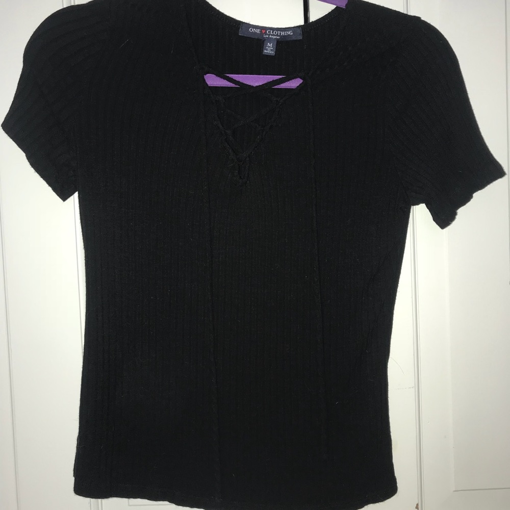 Black lace up neckline shirt